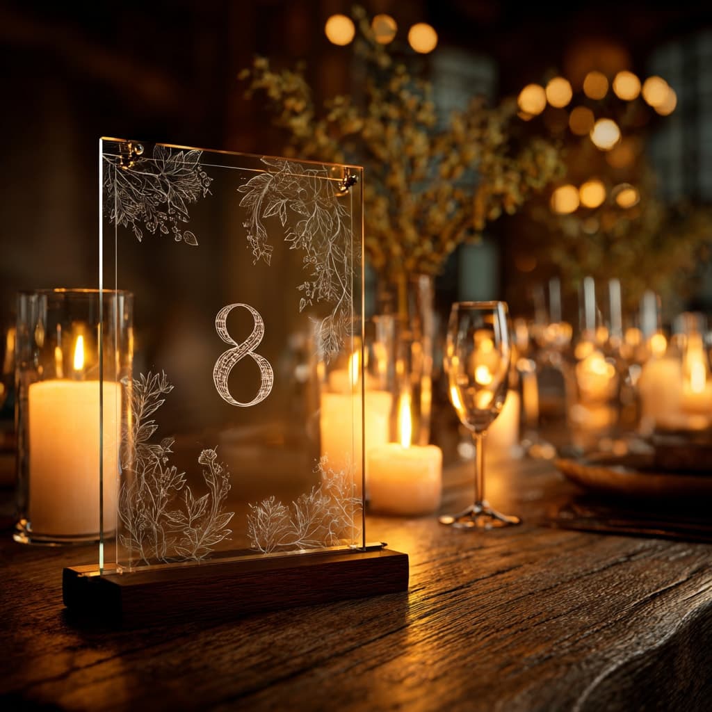 Elegant dark wedding reception with engraved wood place cards
